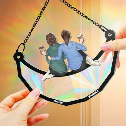 Besties Friends Sitting On The Moon - Personalized Window Hanging Rainbow Suncatcher