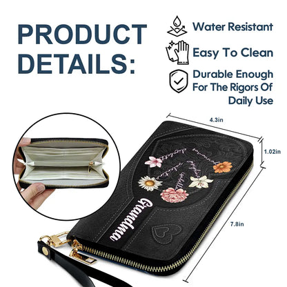 Grandma's Little Hearts Birth Month Flowers - Personalized Leather Long Wallet