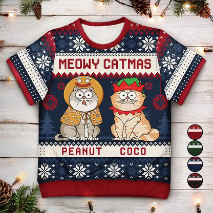 Meowy Catmas Funny Cartoon Cat Pet Lover Christmas Gift - Personalized Short Sleeve Sweater