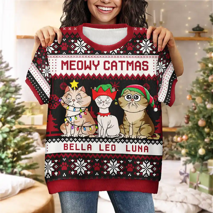 Meowy Catmas Funny Cartoon Cat Pet Lover Christmas Gift - Personalized Short Sleeve Sweater