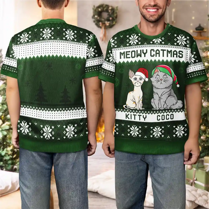 Meowy Catmas Funny Cartoon Cat Pet Lover Christmas Gift - Personalized Short Sleeve Sweater