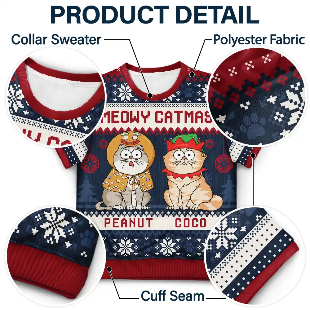 Meowy Catmas Funny Cartoon Cat Pet Lover Christmas Gift - Personalized Short Sleeve Sweater