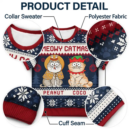 Meowy Catmas Funny Cartoon Cat Pet Lover Christmas Gift - Personalized Short Sleeve Sweater