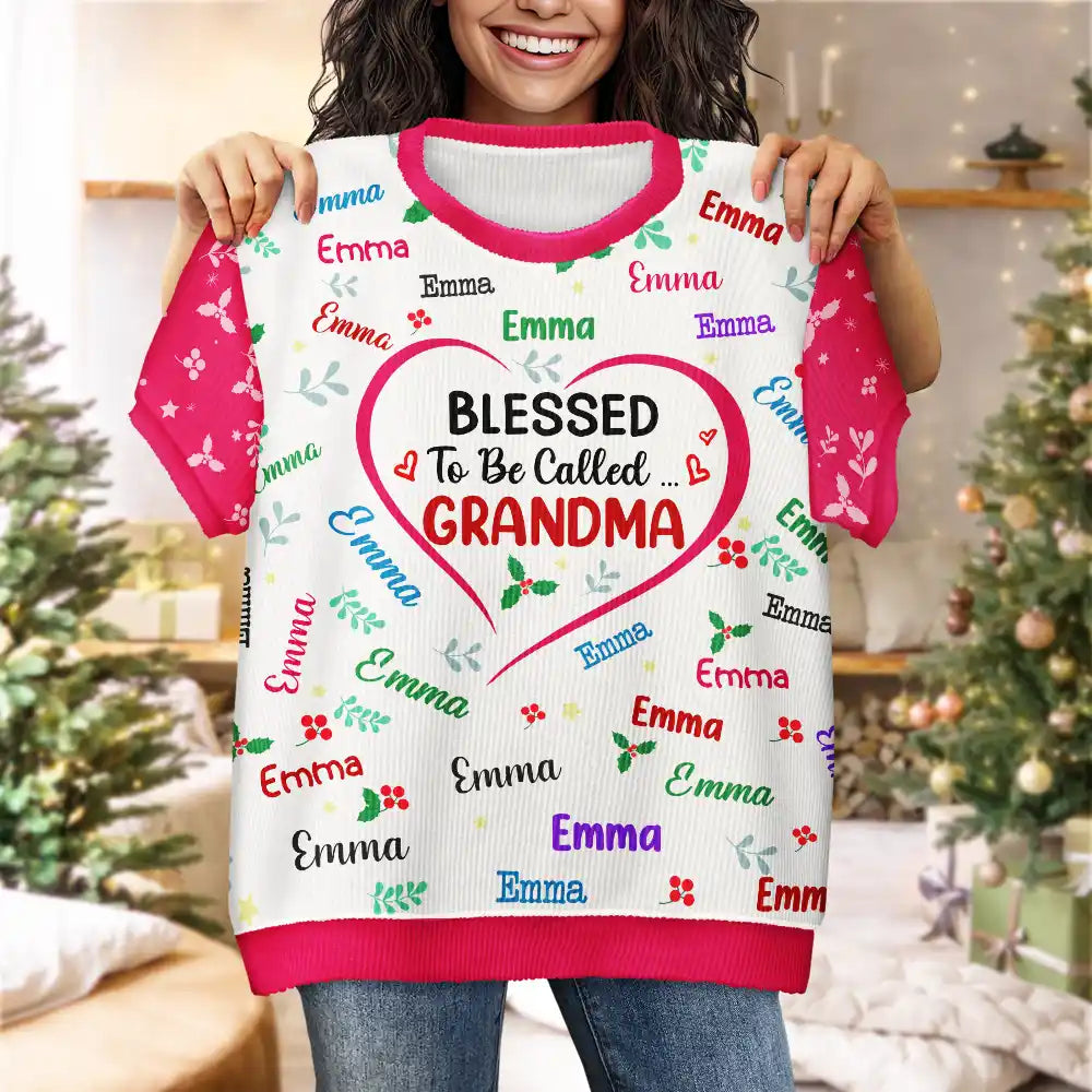 Christmas,Gift For Grandma,Continue Shopping,Happy - Blessed To Be Called Grandma Nana Grandkid Names - Personalized Short Sleeve Sweater