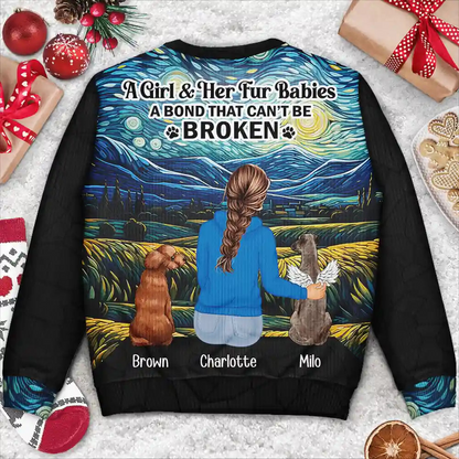 Flower Field A Girl And Her Dog And Cat - Personalized Unisex Ugly Sweater