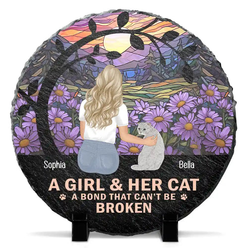 Flower Field A Girl And Her Dog And Cat - Personalized Circle Memorial Garden Stone