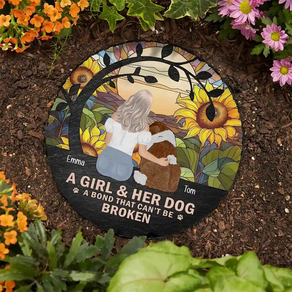 Flower Field A Girl And Her Dog And Cat - Personalized Circle Memorial Garden Stone