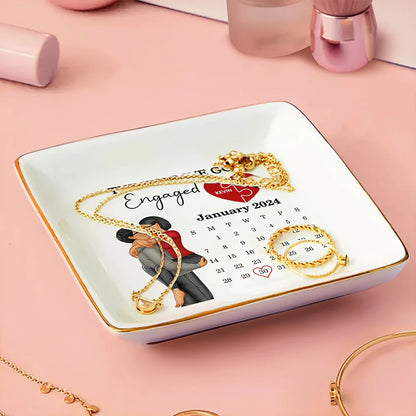 The Year We Got Engaged Married Kissing Couples Calendar - Personalized Ring Dish