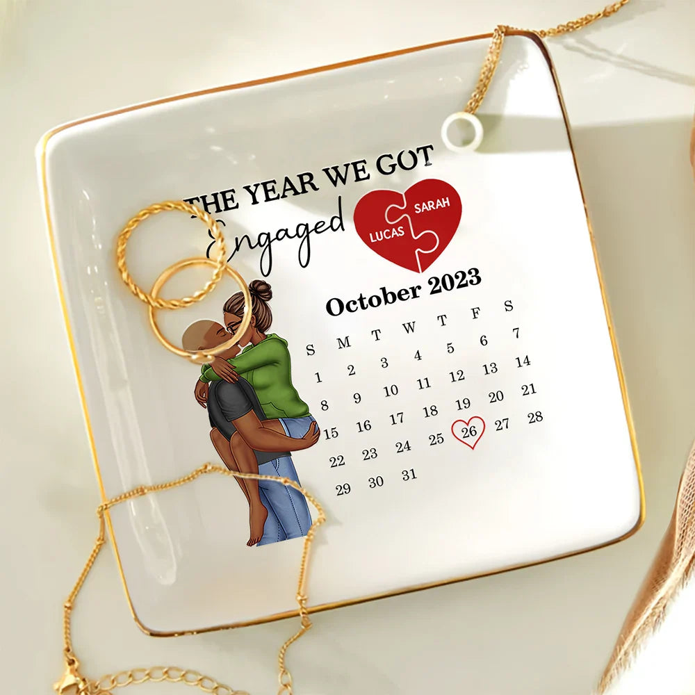 The Year We Got Engaged Married Kissing Couples Calendar - Personalized Ring Dish