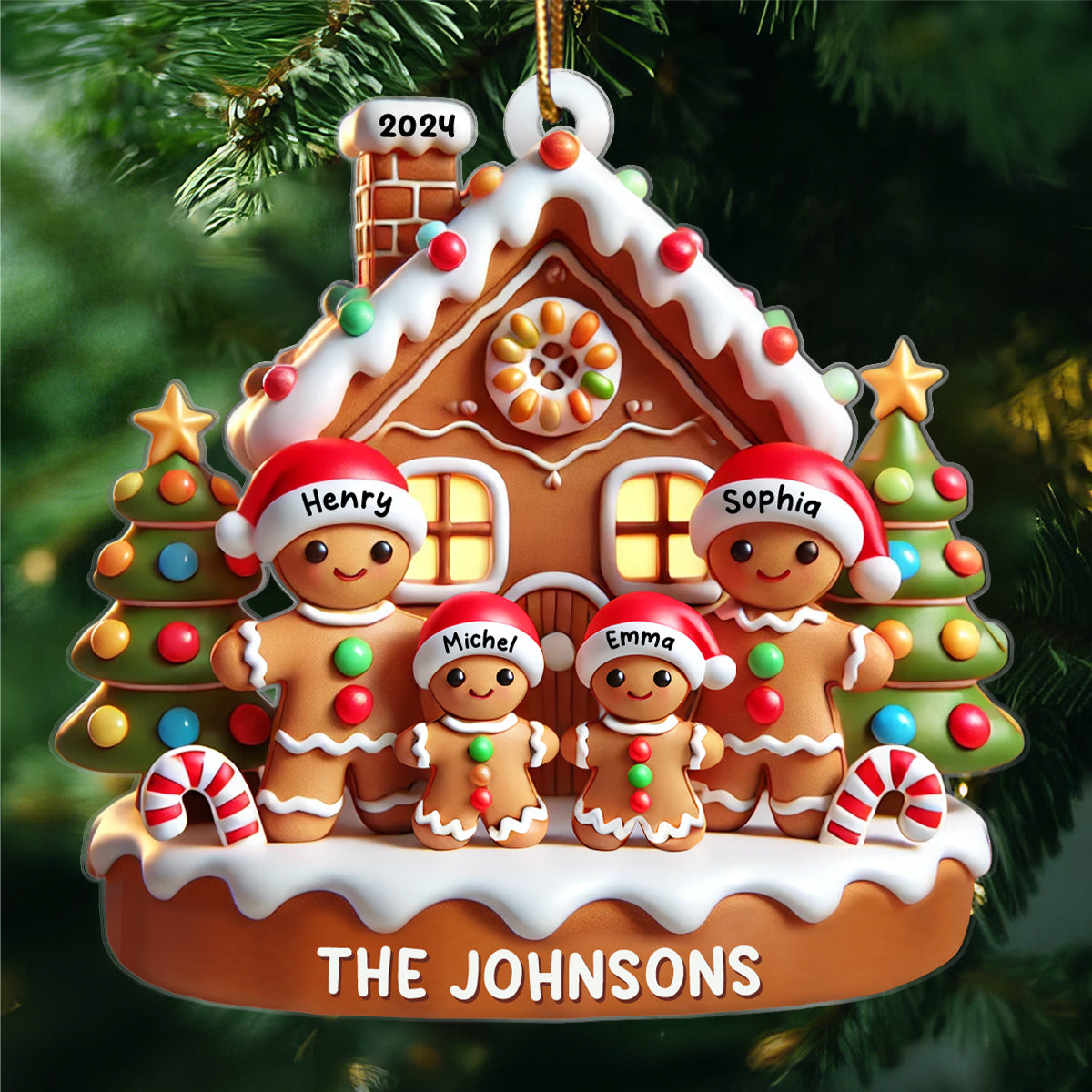 Gingerbread Family With Gingerbread House 3D Effect Personalized Acrylic Ornament