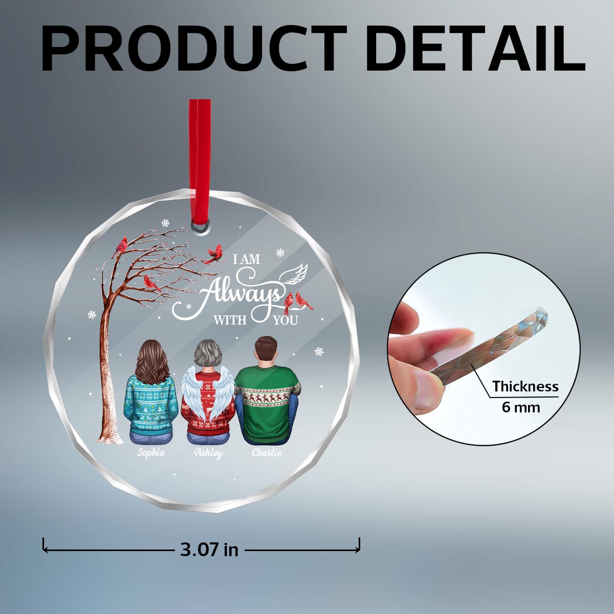 Always With You Cardinal Memorial Remembrance Keepsake Personalized Glass Ornament