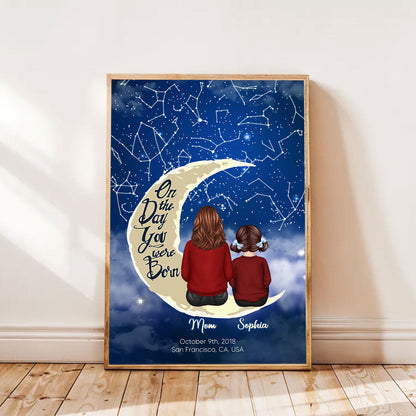 Grandma & Grandkid Sitting On Moon Custom Star Map Personalized Poster, Heartfelt Mother's Day Gift For Mom, For Grandma