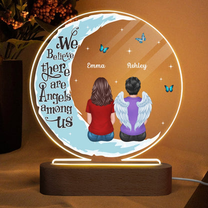 Moon Butterflies Angel Among Us Memorial Family Back View Personalized Circle Acrylic Plaque With LED Lamp - Remembrance Keepsake