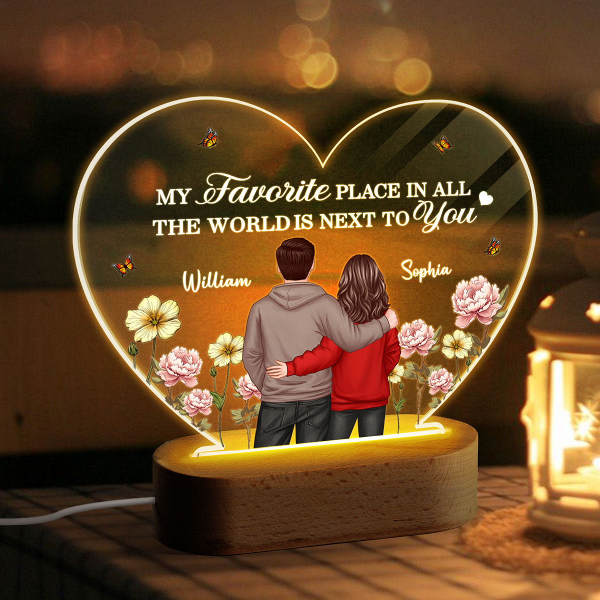 Couple Birth Month Flower Personalized Heart Acrylic Plaque LED Night Light, Heartfelt Gift For Couple, For Him, For Her, Boyfriend, Girlfriend, Husband, Wife