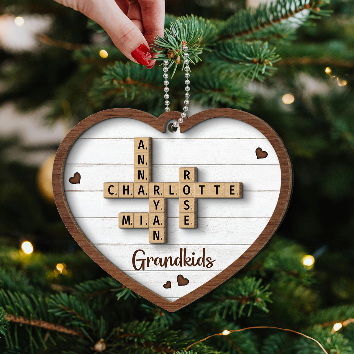 Grandkids Crossword Puzzle Art Personalized Heart Shaped 2-Layer Wooden Ornament, Christmas Gift For Grandma, Gift For Mom