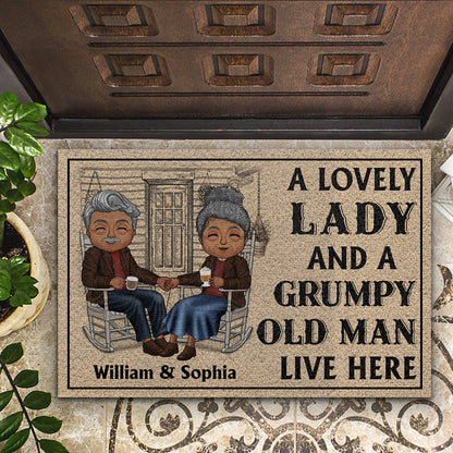 Chibi Old Couple A Lovely Lady And A Grumpy Old Man Live Here - Couple Gift - Personalized Custom Doormat