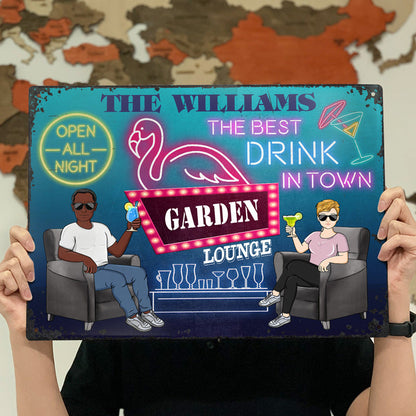 Neon Best Drinks Flamingo Lounge - Couple Gift - Personalized Custom Classic Metal Signs
