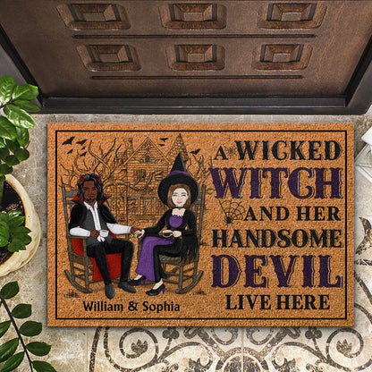 A Wicked Witch And Her Handsome Devil Live Here - Gift For Couples - Personalized Custom Doormat