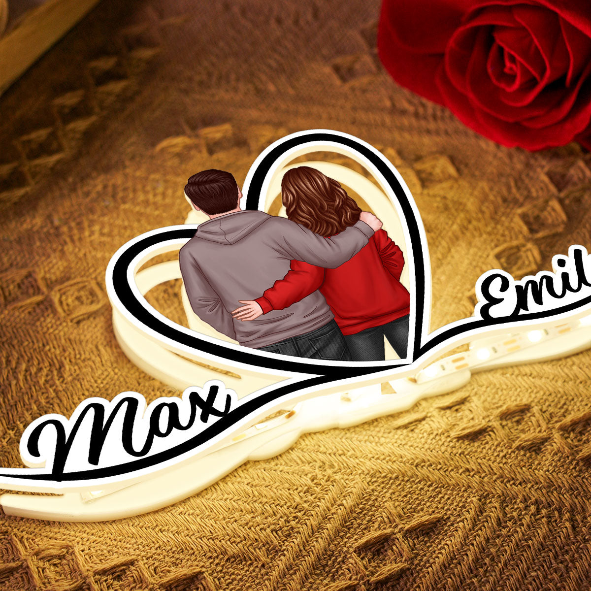 Couple Hugging Back View Heart Shape With Names Personalized Light Box, Anniversary Gift for Him for Her