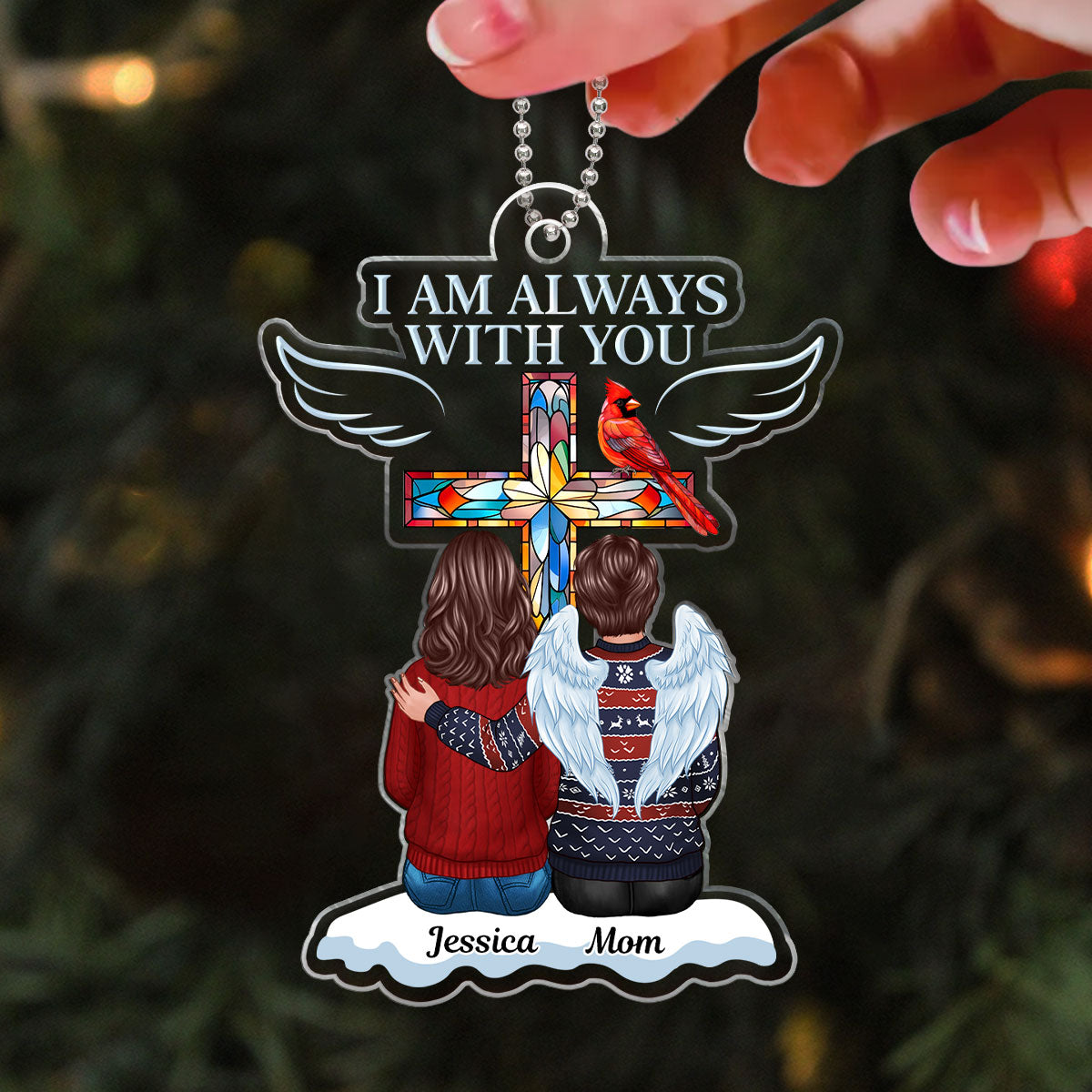 Family Memorial Keepsake Stained Glass Cross Cardinal Personalized Acrylic Ornament