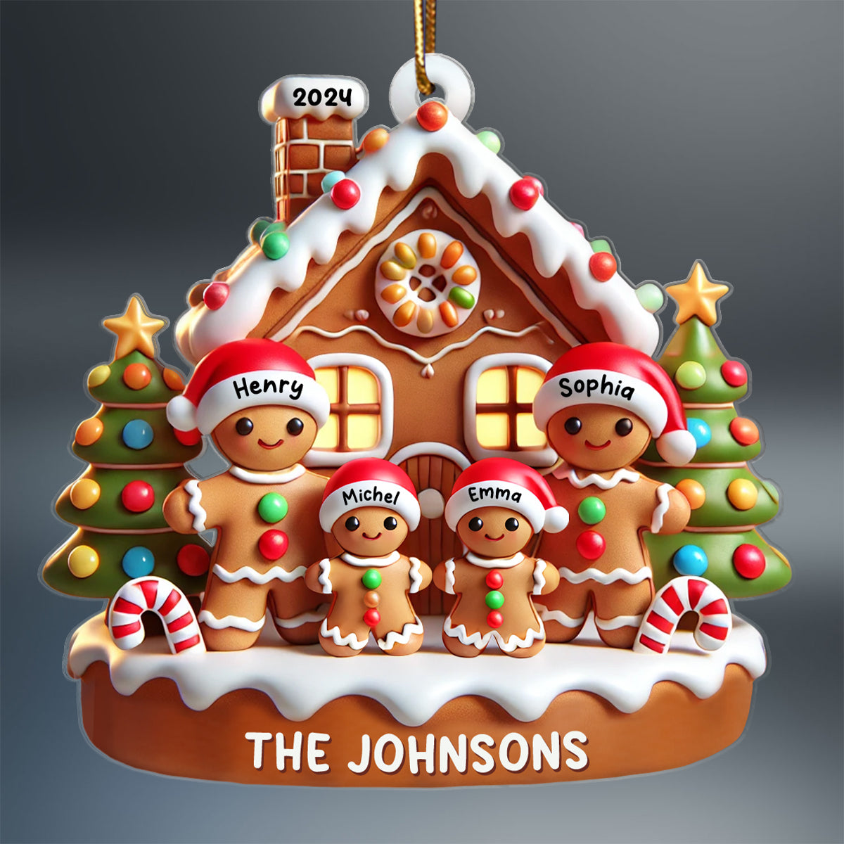 Gingerbread Family With Gingerbread House 3D Effect Personalized Acrylic Ornament