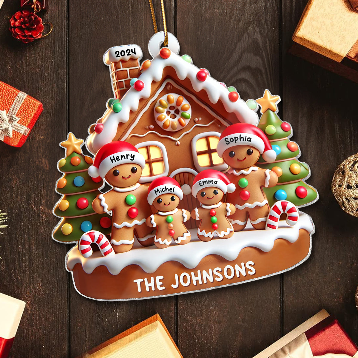 Gingerbread Family With Gingerbread House 3D Effect Personalized Acrylic Ornament