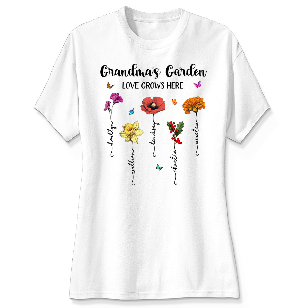 Grandma‘s Garden Love Grows Here Beautiful Birth Month Flower Mother‘s Day Gift For Grandma Mom Personalized Shirt