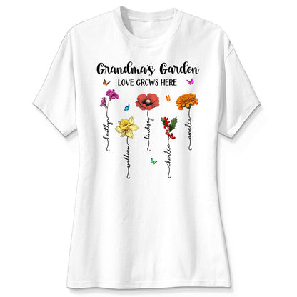 Grandma‘s Garden Love Grows Here Beautiful Birth Month Flower Mother‘s Day Gift For Grandma Mom Personalized Shirt