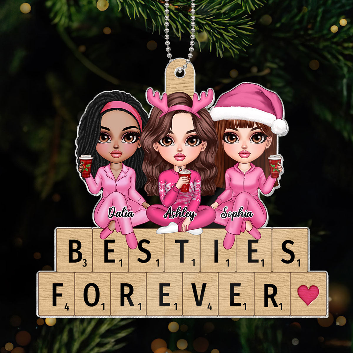 Pink Besties Sisters Sitting On Puzzple Words Personalized Acrylic Ornament, Christmas Gift For Best Friends, Sisters, Besties