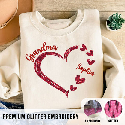 Forever In Grandma's Heart Personalized Glitter Embroidery Sweatshirt, Heartfelt Birthday Mother's Day Gift For Mom, Grandma