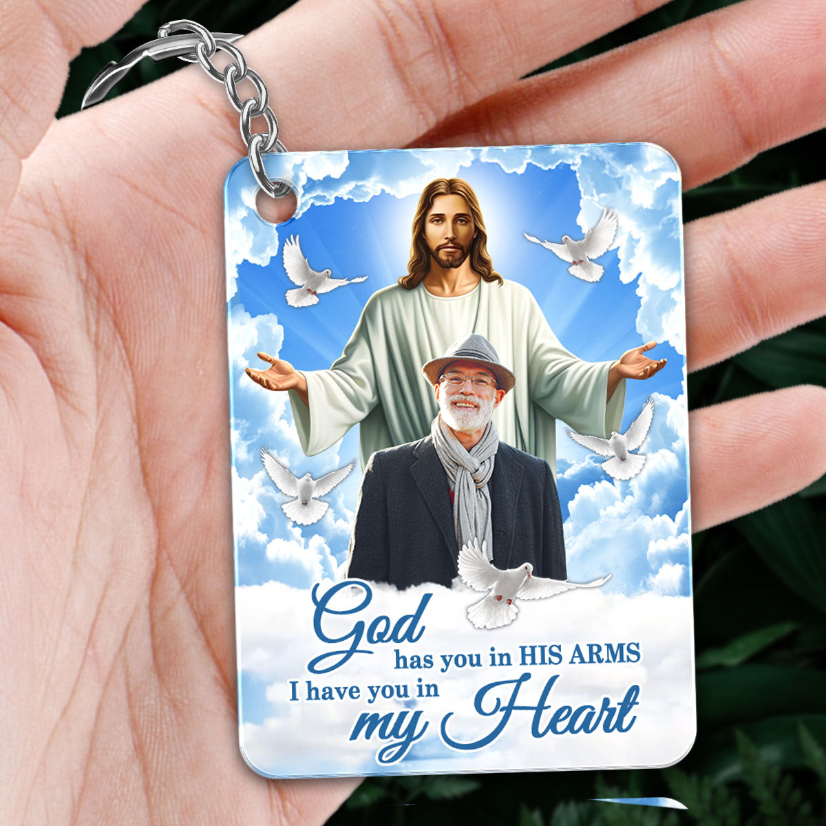 God Has You In His Arms Sky Memorial Sympathy Gift Remembrance Keepsake Photo Inserted Personalized Acrylic Keychain