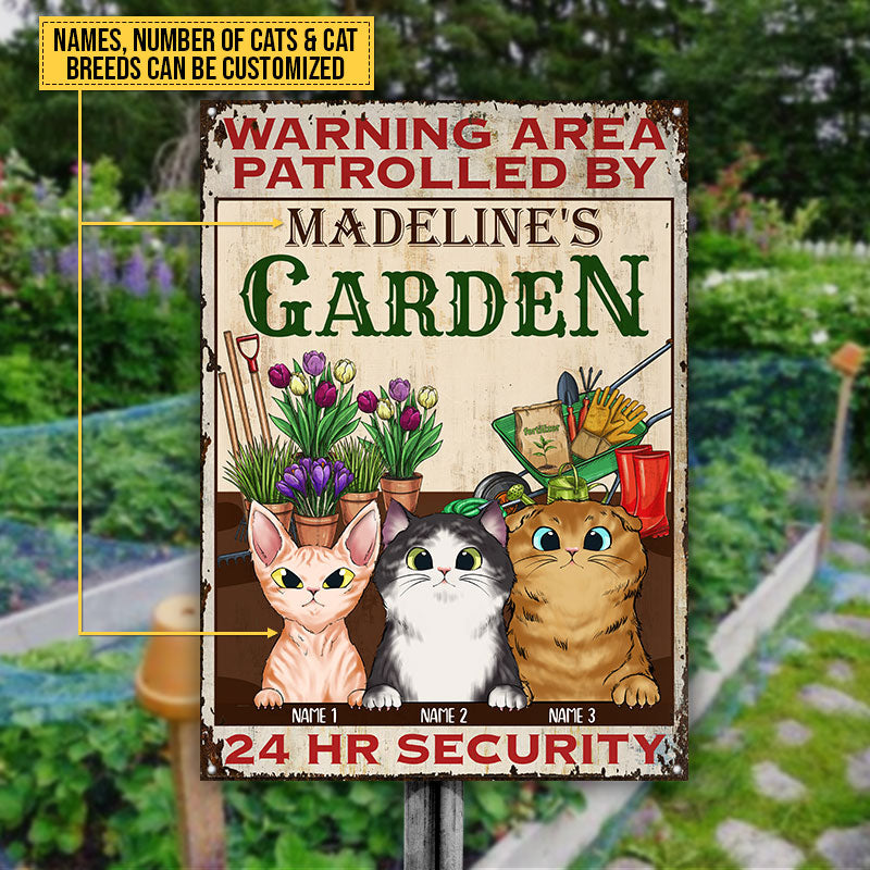 Warning Area Patrolled By Cats, Cat Lover Gift, Gardening Gift, Garden Sign, Custom Classic Metal Signs