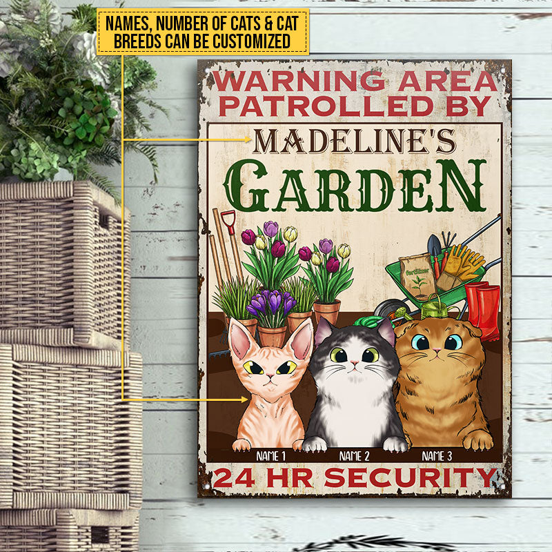 Warning Area Patrolled By Cats, Cat Lover Gift, Gardening Gift, Garden Sign, Custom Classic Metal Signs