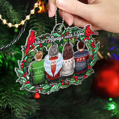 Christmas Family Sitting Back View Holly Branch Memorial Personalized Acrylic Ornament, Remembrance Gift, Sympathy Gift
