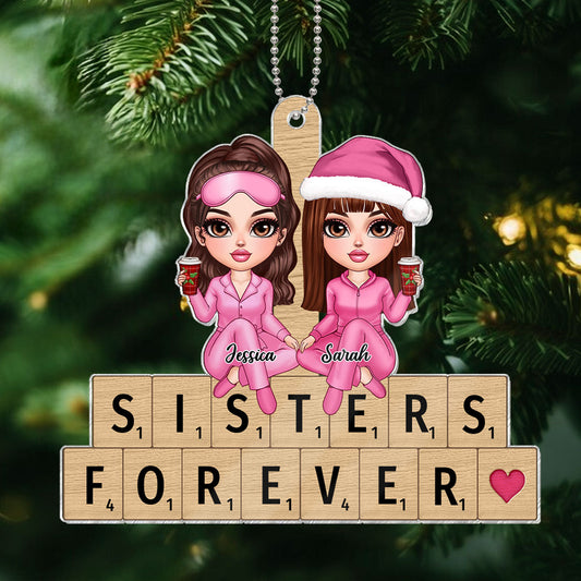 Pink Besties Sisters Sitting On Puzzple Words Personalized Acrylic Ornament, Christmas Gift For Best Friends, Sisters, Besties