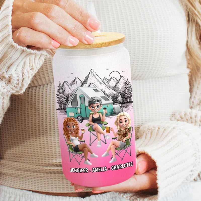 Warning The Girls Are Drinking Again Camping - Personalized Ombre Frosted Glass Can