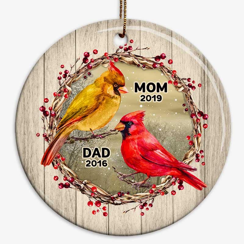 Cardinals Berry Branch Wreath Family Memorial Personalized Circle Ornament