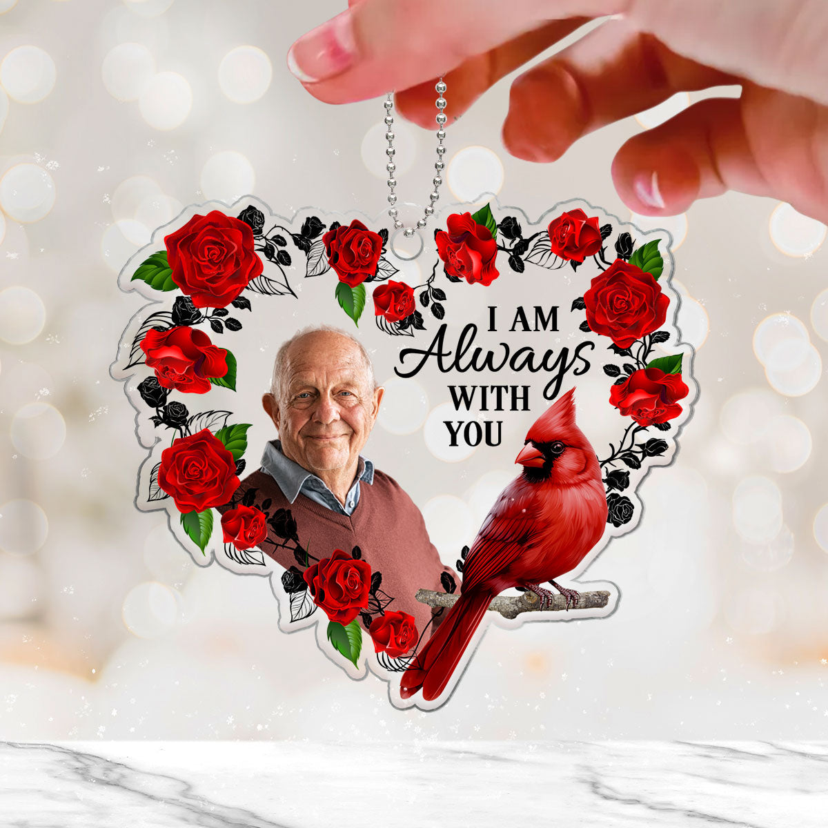 Photo Inserted Cardinal Roses Heart Remembrance Memorial Keepsake Sympathy Gift Christmas Personalized Acrylic Ornament