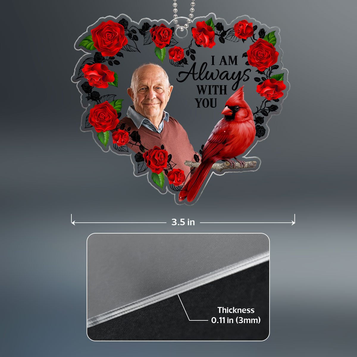 Photo Inserted Cardinal Roses Heart Remembrance Memorial Keepsake Sympathy Gift Christmas Personalized Acrylic Ornament