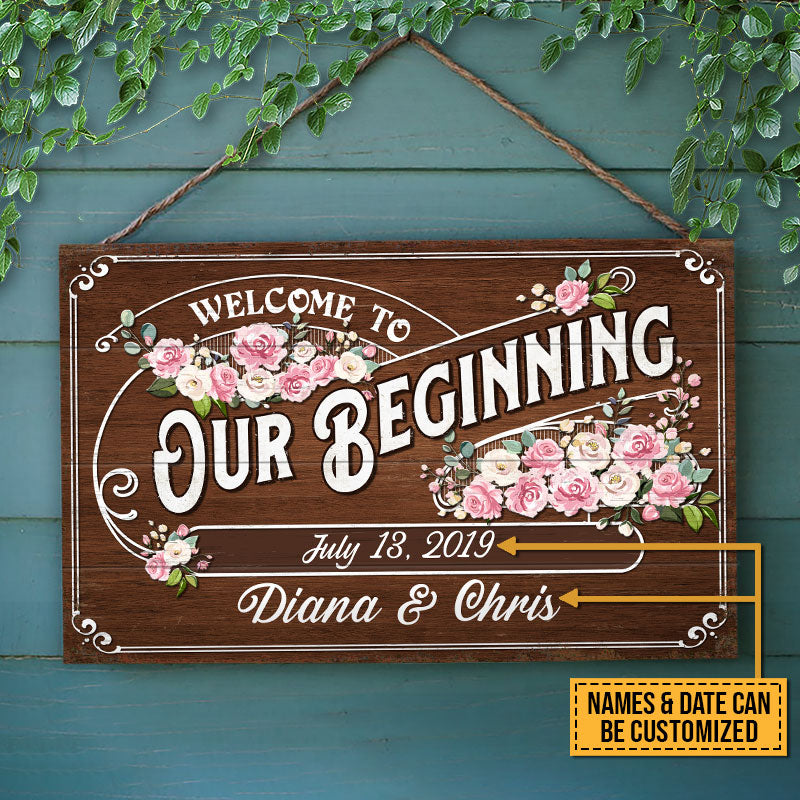 Wedding Welcome To Our Beginning Custom Wood Rectangle Sign
