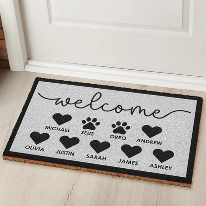 Welcome Family Heart Pawprints - Personalized Coconut Doormat