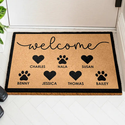 Welcome Family Heart Pawprints - Personalized Coconut Doormat