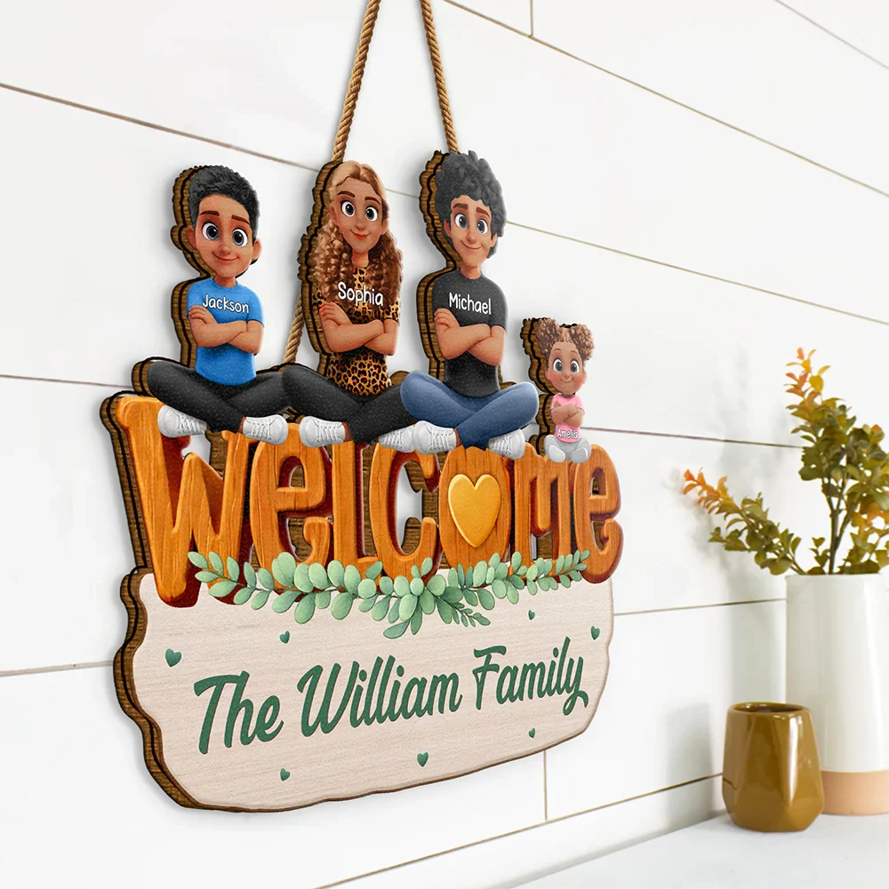 Welcome Happy Family 3D Effect - Personalized Custom Shaped Wood Sign