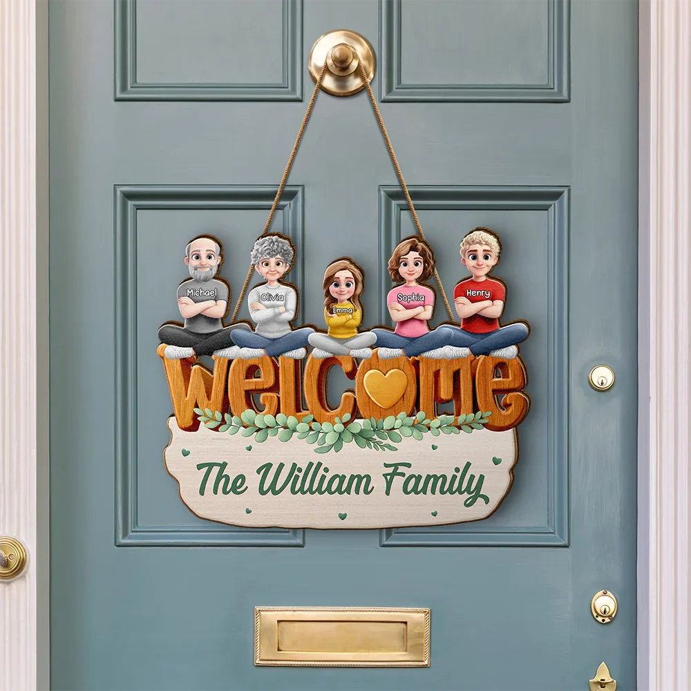 Welcome Happy Family 3D Effect - Personalized Custom Shaped Wood Sign