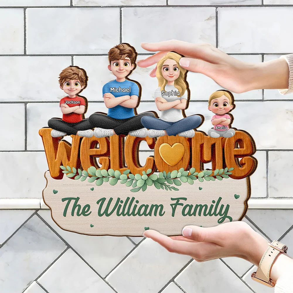 Welcome Happy Family 3D Effect - Personalized Custom Shaped Wood Sign