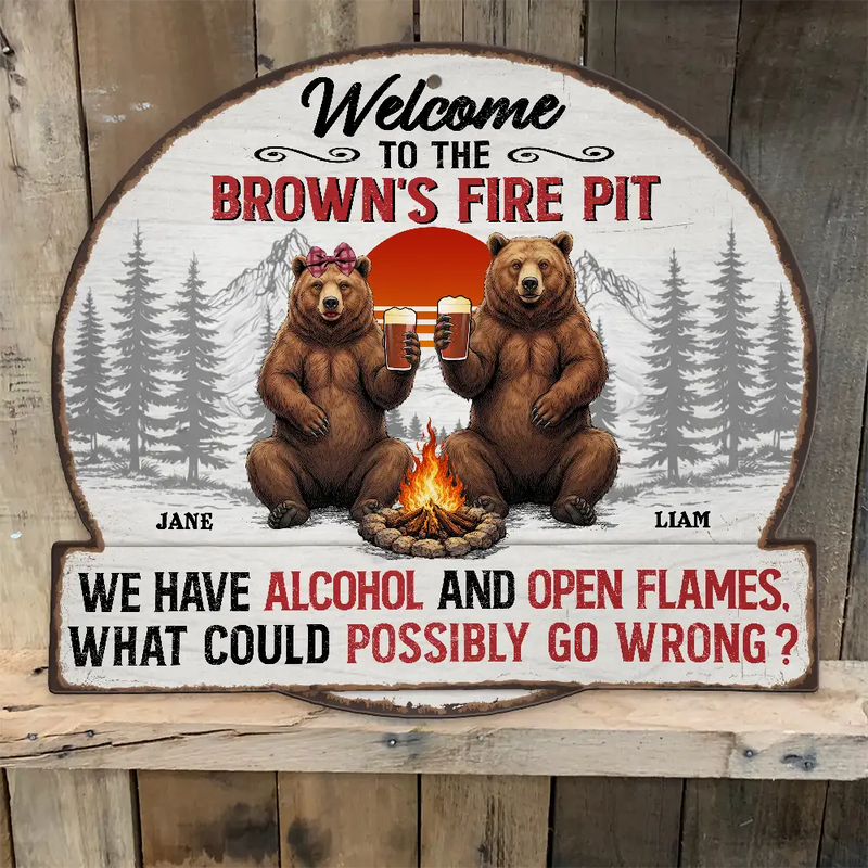 Welcome To Our Fire Pit Bear Couple - Personalized Custom Shaped Metal Sign