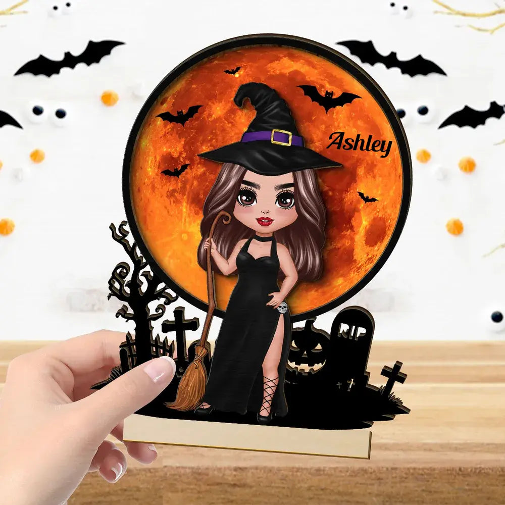 Witch Under Halloween Moon Tabletop Tier Tray Wicca Pagan Decor Personalized 2-Layer Standing Wooden Plaque Wooden Plaque The Next Custom Gift