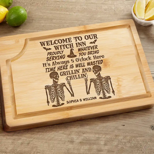 Witch Halloween Proudly Serving - Personalized Wooden Cutting Board