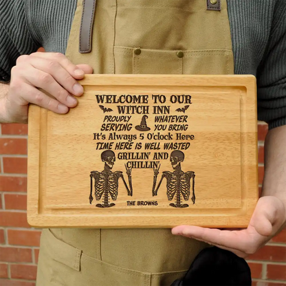 Witch Halloween Proudly Serving - Personalized Wooden Cutting Board