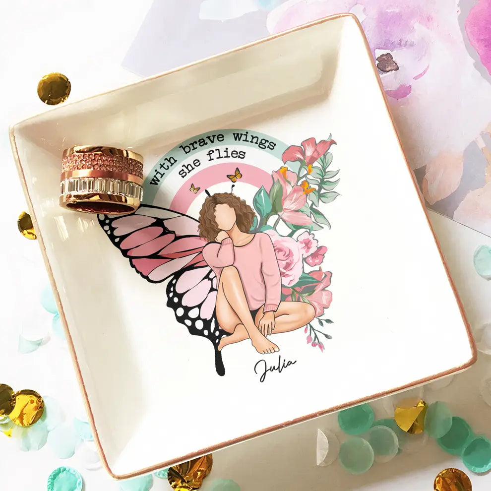 With Brave Wings She Flies - Personalized Jewelry Dish Dish The Next Custom Gift